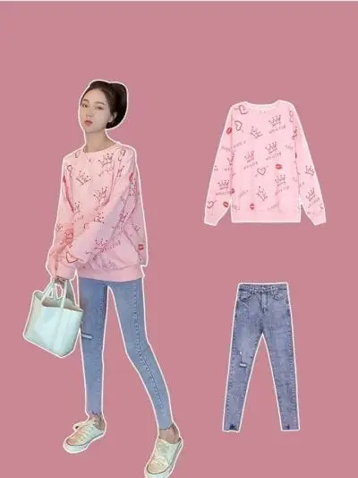 Áo họa tiết + Quần skinny jean