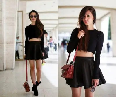 Mix chân váy xòe đen cùng áo Croptop giúp khoe vòng eo của các nàng